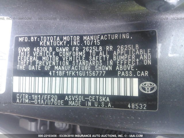 4T1BF1FK1GU156777 - 2016 TOYOTA CAMRY LE/XLE/SE/XSE 灰色 照片 9