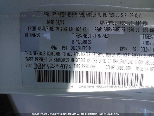 3MZBM1V74FM140614 - 2015 MAZDA 3 TOURING თეთრი ფოტო 9