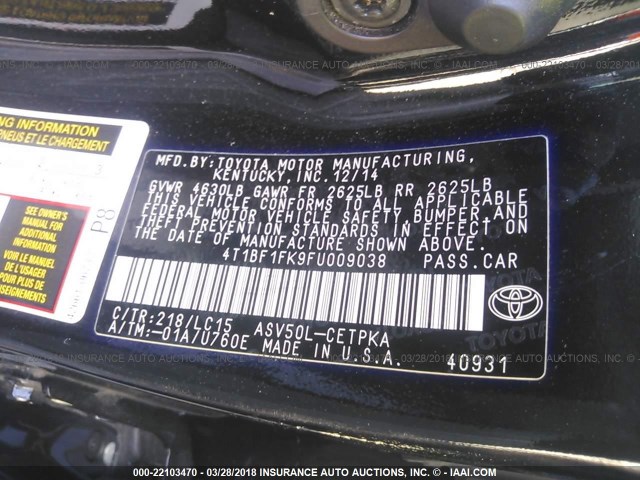 4T1BF1FK9FU009038 - 2015 TOYOTA CAMRY LE/XLE/SE/XSE შავი ფოტო 9