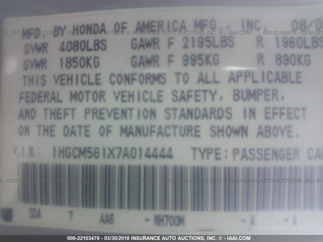 1HGCM561X7A014444 - 2007 HONDA ACCORD VALUE SILVER photo 9