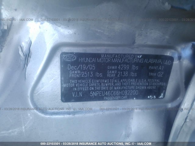 5NPEU46C66H092200 - 2006 HYUNDAI SONATA GLS/LX TAN photo 9