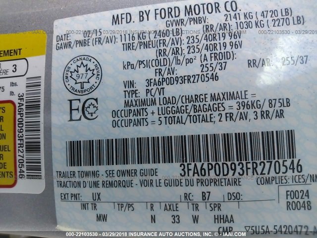 3FA6P0D93FR270546 - 2015 FORD FUSION TITANIUM SILVER photo 9