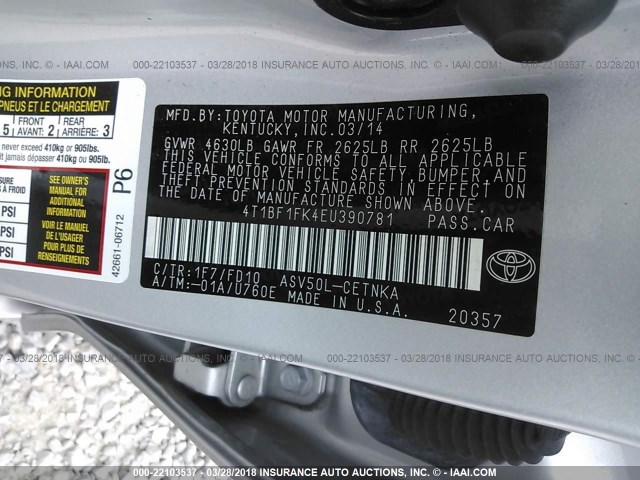 4T1BF1FK4EU390781 - 2014 TOYOTA CAMRY L/SE/LE/XLE 银色 照片 9