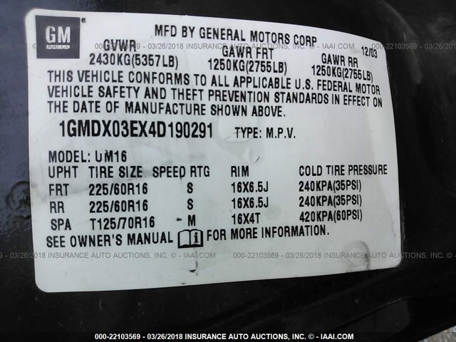 1GMDX03EX4D190291 - 2004 PONTIAC MONTANA BLUE photo 9