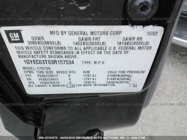 1GYEC63T83R157534 - 2003 CADILLAC ESCALADE LUXURY შავი ფოტო 9