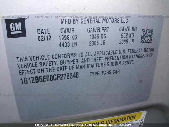 1G1ZB5E00CF278348 - 2012 CHEVROLET MALIBU LS 金色 照片 9