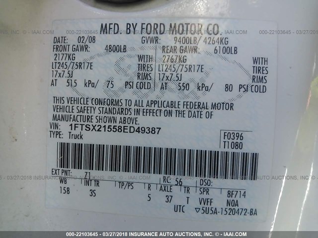 1FTSX21558ED49387 - 2008 FORD F250 SUPER DUTY WHITE photo 9