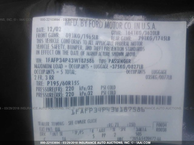 1FAFP34P43W187586 - 2003 FORD FOCUS SE/SE COMFORT/SE SPORT BLACK photo 9