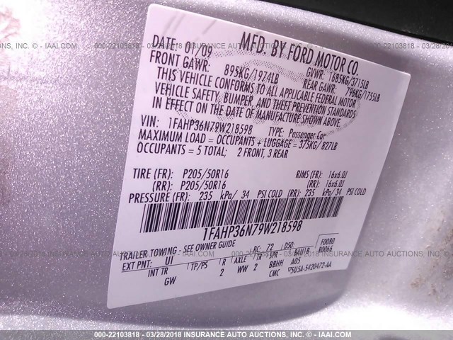 1FAHP36N79W218598 - 2009 FORD FOCUS SES SILVER photo 9