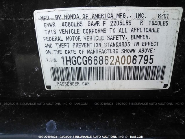 1HGCG66862A006795 - 2002 HONDA ACCORD EX/SE BLACK photo 9