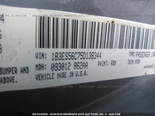 1B3ES56C75D138344 - 2005 DODGE NEON SXT GRAY photo 9