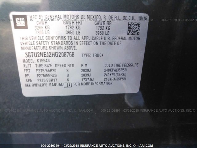 3GTU2NEJ2HG208768 - 2017 GMC SIERRA K1500 SLT GRAY photo 9