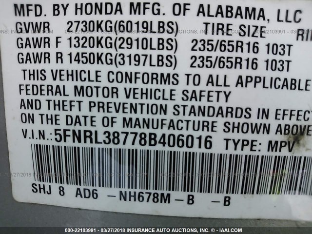 5FNRL38778B406016 - 2008 HONDA ODYSSEY EXL ვერცხლისფერი ფოტო 9