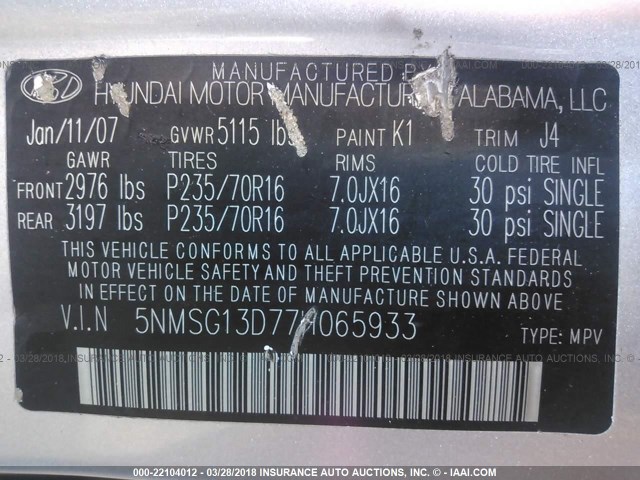 5NMSG13D77H065933 - 2007 HYUNDAI SANTA FE GLS SILVER photo 9