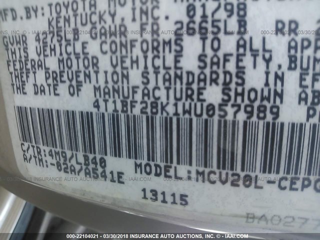 4T1BF28K1WU057989 - 1998 TOYOTA CAMRY CE/LE/XLE 米色 照片 9