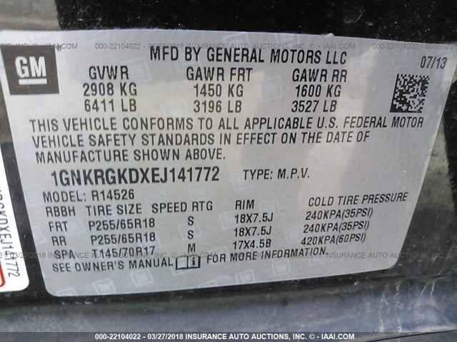 1GNKRGKDXEJ141772 - 2014 CHEVROLET TRAVERSE LT BLACK photo 9