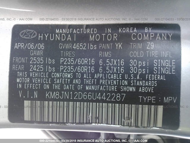 KM8JN12D66U442287 - 2006 HYUNDAI TUCSON GLS/LIMITED 银色 照片 9
