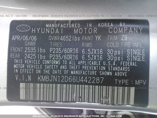 KM8JN12D66U442287 - 2006 HYUNDAI TUCSON GLS/LIMITED SILVER photo 9