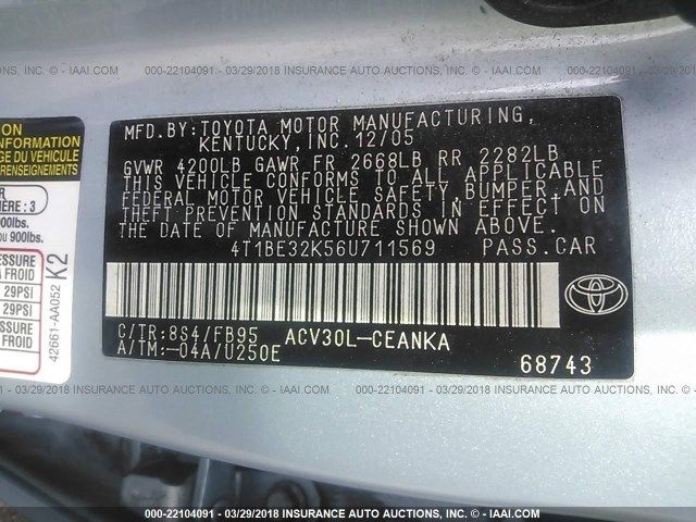 4T1BE32K56U711569 - 2006 TOYOTA CAMRY LE/XLE/SE Light Blue photo 9