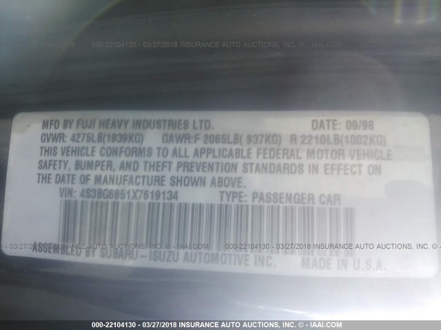 4S3BG6851X7619134 - 1999 SUBARU LEGACY OUTBACK/SSV/LIMITED/30TH BLUE photo 9