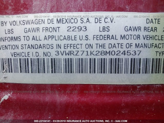 3VWRZ71K28M024537 - 2008 VOLKSWAGEN JETTA SE/SEL RED photo 9