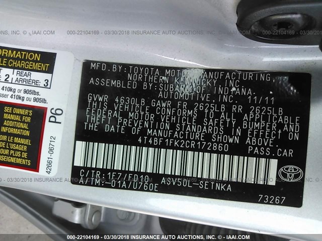 4T4BF1FK2CR172860 - 2012 TOYOTA CAMRY SE/LE/XLE 银色 照片 9