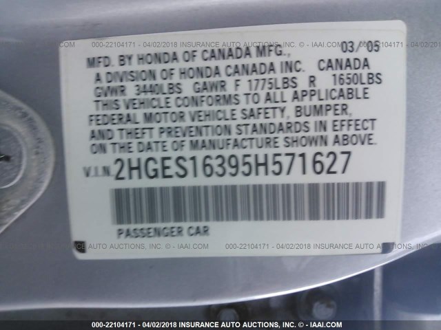 2HGES16395H571627 - 2005 HONDA CIVIC DX VP 银色 照片 9
