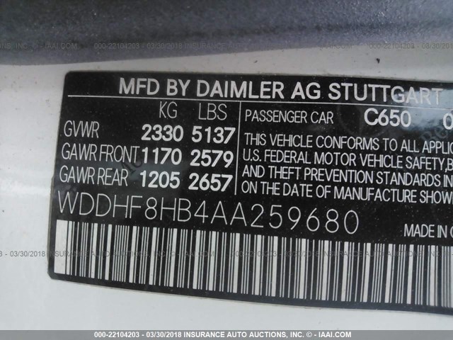 WDDHF8HB4AA259680 - 2010 MERCEDES-BENZ E 350 4MATIC WHITE photo 9