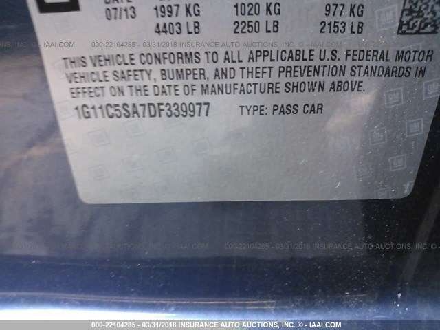 1G11C5SA7DF339977 - 2013 CHEVROLET MALIBU 1LT 蓝色 照片 9