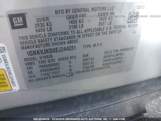 1GNKVJKD0EJ244031 - 2014 CHEVROLET TRAVERSE LTZ SILVER photo 9