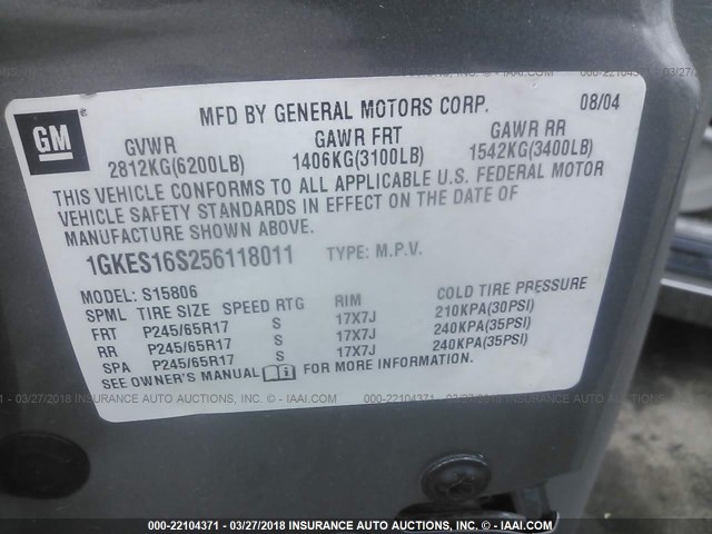 1GKES16S256118011 - 2005 GMC ENVOY XL GRAY photo 9