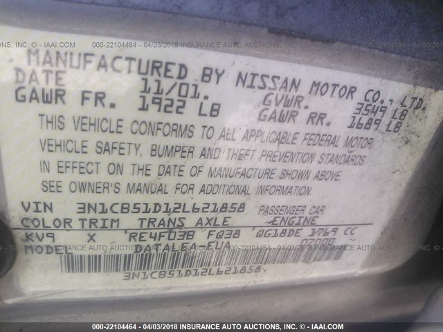 3N1CB51D12L621858 - 2002 NISSAN SENTRA XE/GXE SILVER photo 9