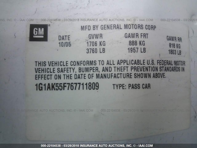 1G1AK55F767711809 - 2006 CHEVROLET COBALT LS თეთრი ფოტო 9