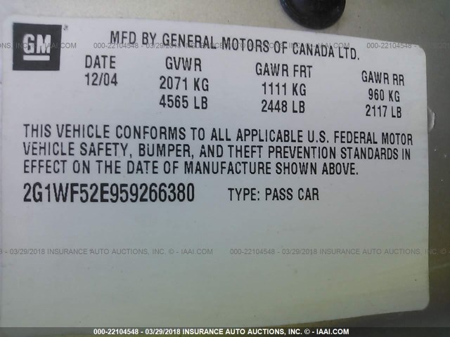 2G1WF52E959266380 - 2005 CHEVROLET IMPALA SILVER photo 9