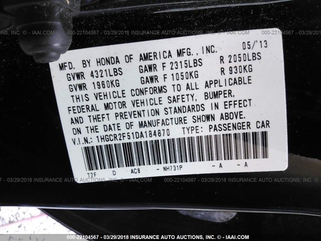 1HGCR2F51DA184870 - 2013 HONDA ACCORD SPORT 黑色 照片 9