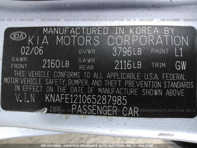 KNAFE121065287985 - 2006 KIA NEW SPECTRA LX/EX BLUE photo 9