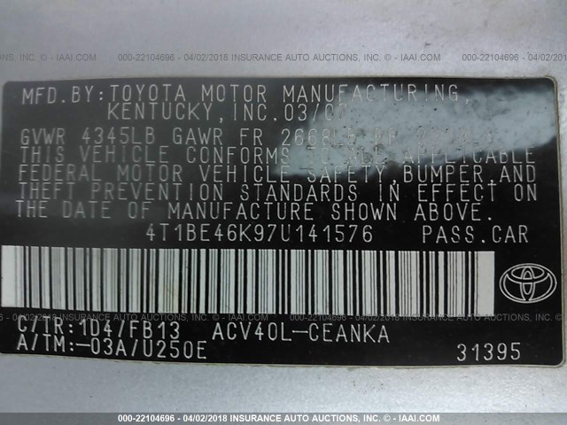 4T1BE46K97U141576 - 2007 TOYOTA CAMRY NEW GENERAT CE/LE/XLE/SE SILVER photo 9