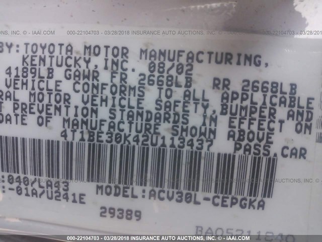 4T1BE30K42U113437 - 2002 TOYOTA CAMRY LE/XLE/SE WHITE photo 9