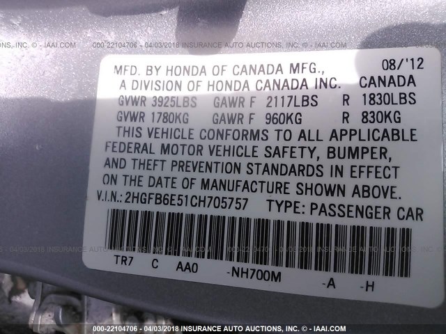 2HGFB6E51CH705757 - 2012 HONDA CIVIC SI SILVER photo 9