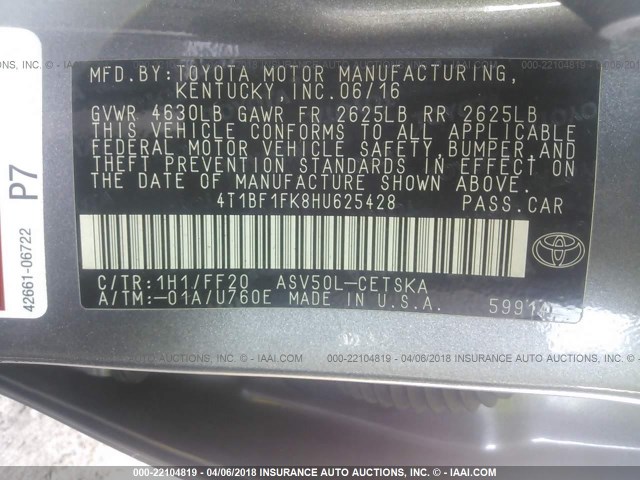 4T1BF1FK8HU625428 - 2017 TOYOTA CAMRY LE/XLE/SE/XSE Grau Foto 9