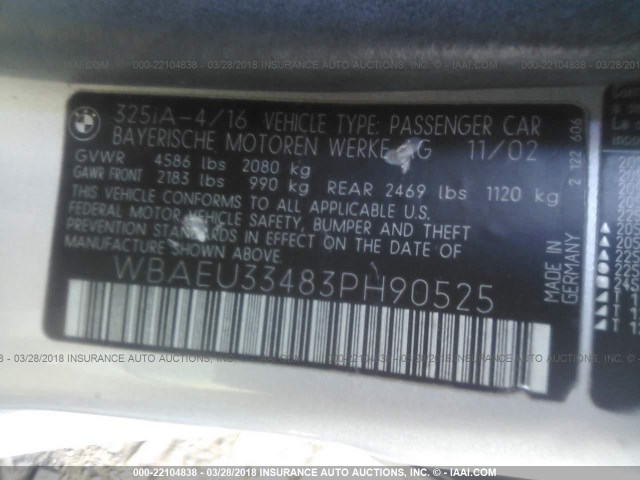 WBAEU33483PH90525 - 2003 BMW 325 XI SILVER photo 9