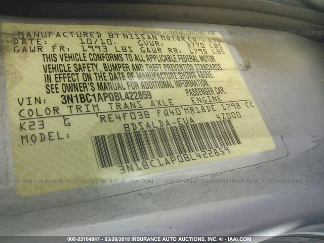 3N1BC1AP0BL422859 - 2011 NISSAN VERSA S/SL SILVER photo 9