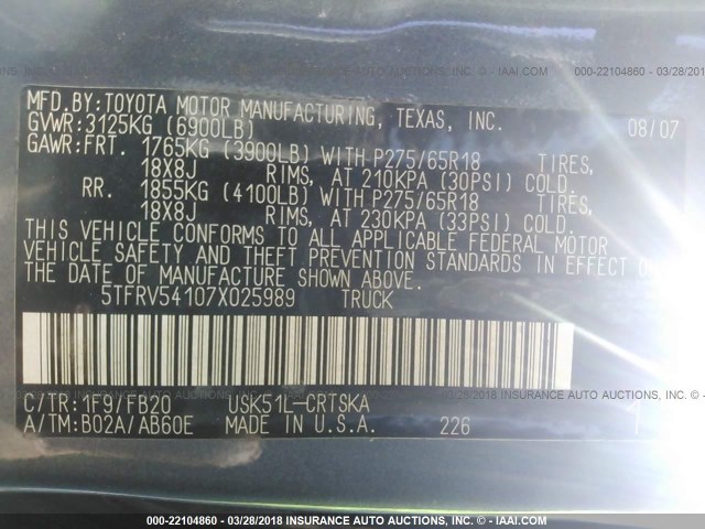 5TFRV54107X025989 - 2007 TOYOTA TUNDRA DOUBLE CAB SR5 BLUE photo 9