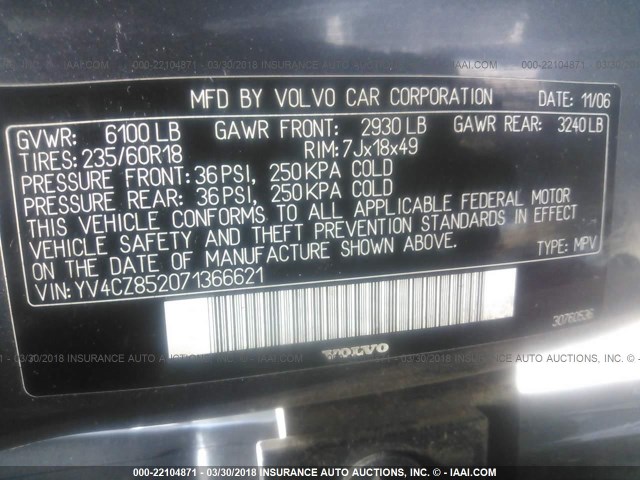 YV4CZ852071366621 - 2007 VOLVO XC90 V8 GRAY photo 9