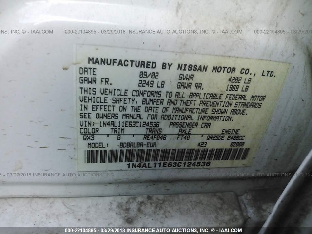 1N4AL11E63C124536 - 2003 NISSAN ALTIMA S/SL WHITE photo 9