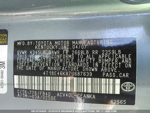 4T1BE46K87U687639 - 2007 TOYOTA CAMRY NEW GENERAT CE/LE/XLE/SE BLUE photo 9