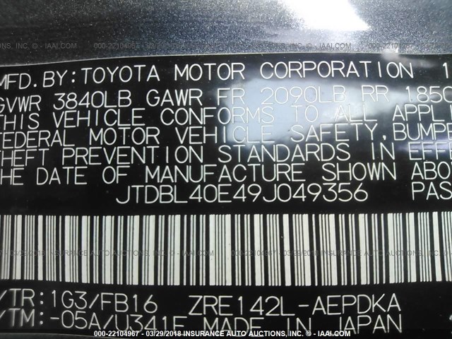 JTDBL40E49J049356 - 2009 TOYOTA COROLLA LE/XLE GRAY photo 9