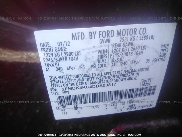 2FMDK4KC4DBA03817 - 2013 FORD EDGE LIMITED MAROON photo 9