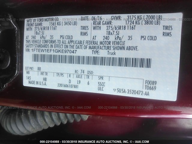 1FTEW1EF1GKE97047 - 2016 FORD F150 SUPERCREW RED photo 9