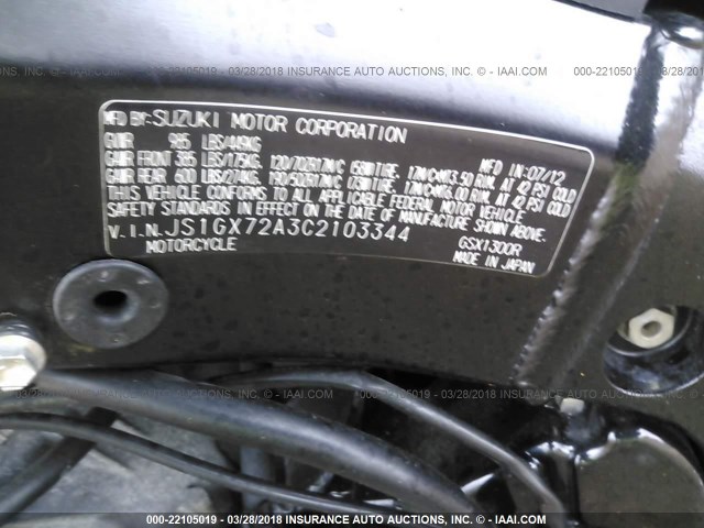 JS1GX72A3C2103344 - 2012 SUZUKI GSX1300 R BLACK photo 10